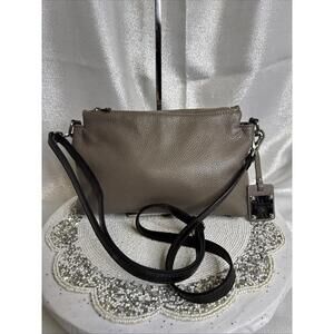 Valentina Pebbled Leather Taupe/grey Crossbody Bag 3 Compartments Purse
